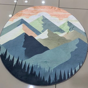 Boho Mountain Range Rug - Custom Nature Landscape Rug for Living Room & Play Area, Round Mountain Range Rug