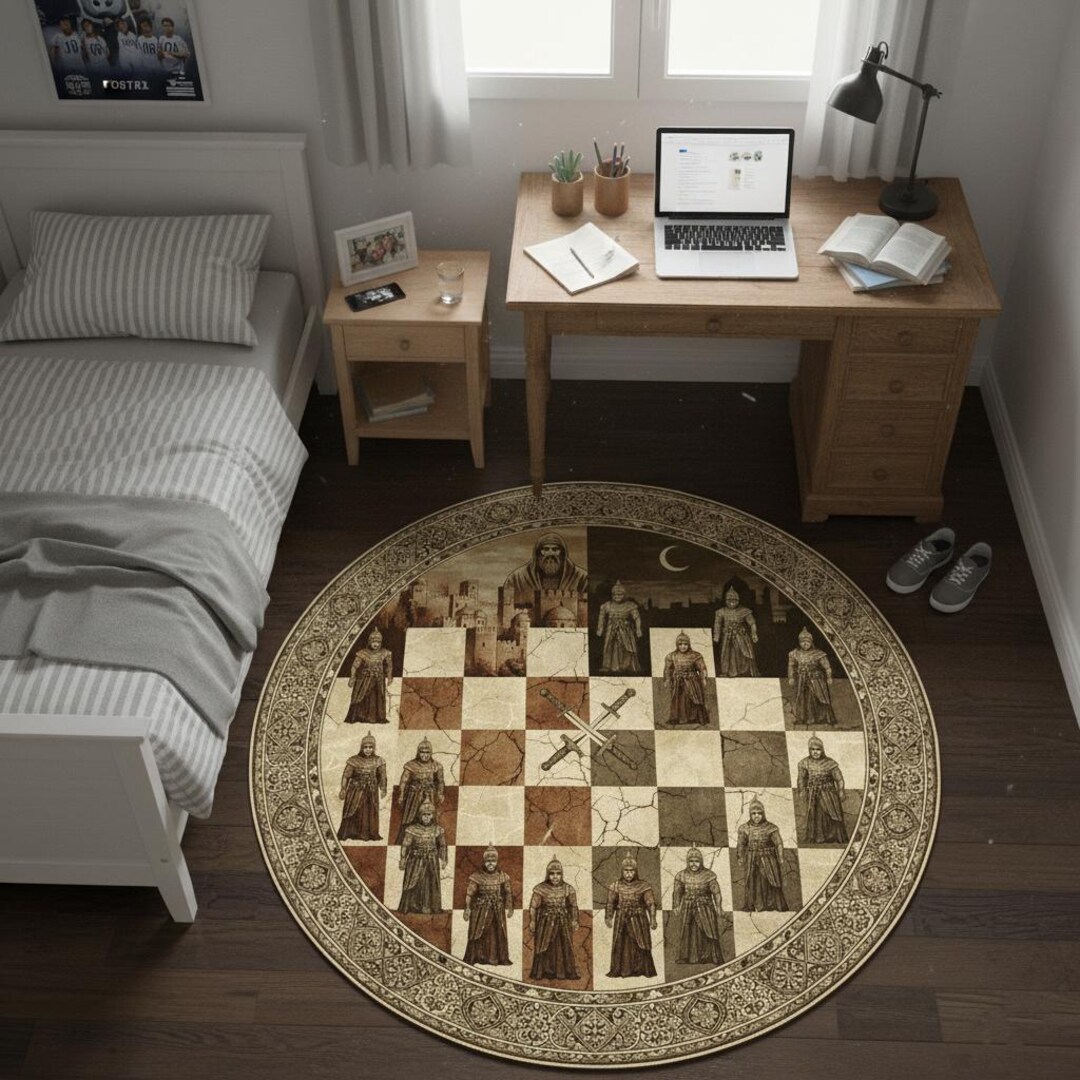 Vintage Chessboard Area Rug, Fantasy Game Room Decor, Rustic Ornate ...