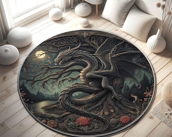 Alfombra redonda medieval con dragón: decoración gótica fantástica.