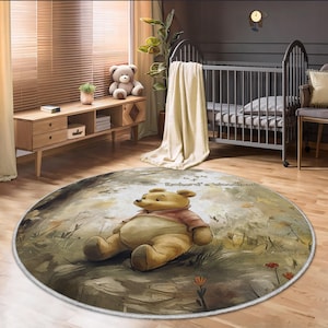 Personalisierter Winnie Puuh Teppich, Kinderzimmer Dekor, Kinderteppich mit individuellem Namen, Runde Kinderspielmatte, Pooh Bär Geschenk, Babypartygeschenk