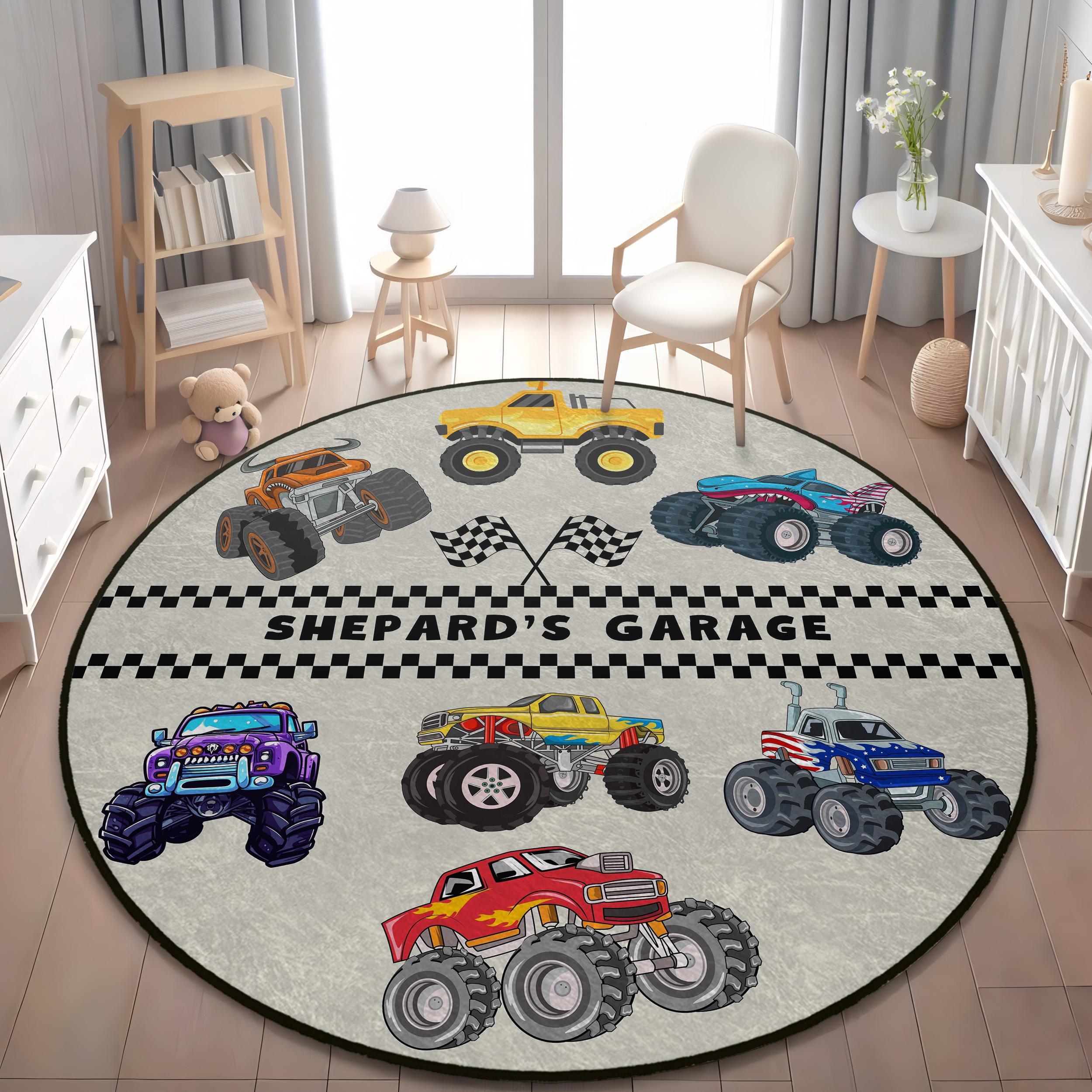 Custom Monster Truck Kids Room Rug, Truck Kids Area Rug, Boys Room Rug, Personalized Monster Truck Rug, Playroom Rug, Custom Garage Rug