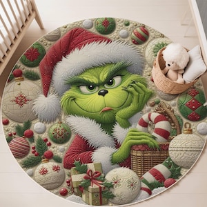 Grinch Rug with Christmas Ornaments, Grinch Home Decor, Funny Holiday Rug, Funny Holiday Rug, Holiday Decor, Nursery Decor