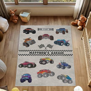 Spersonalizowany dywan Monster Truck, dywan dla dzieci w kształcie ciężarówki, dywan do pokoju chłopców, niestandardowy dywan Monster Truck do pokoju dzieci, niestandardowy dywan do garażu