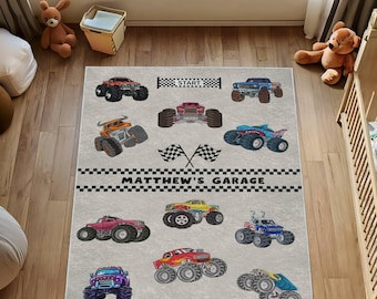 Personalized Monster Truck Rug, Truck Kids Area Rug, Boys Room Rug, Custom Monster Truck Kids Room Rug, Custom Garage Rug