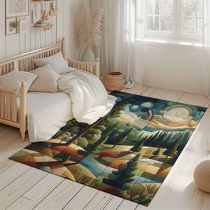 Modern Geometric Landscape Rug, Mountain Forest Area Rug, Abstract Nature Area Rug, Living Room Bedroom Rug, Nature Inspired Decor,