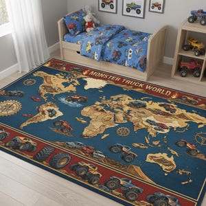 Personalized Monster Truck Kids Rug, Boys Room Decor Style 8