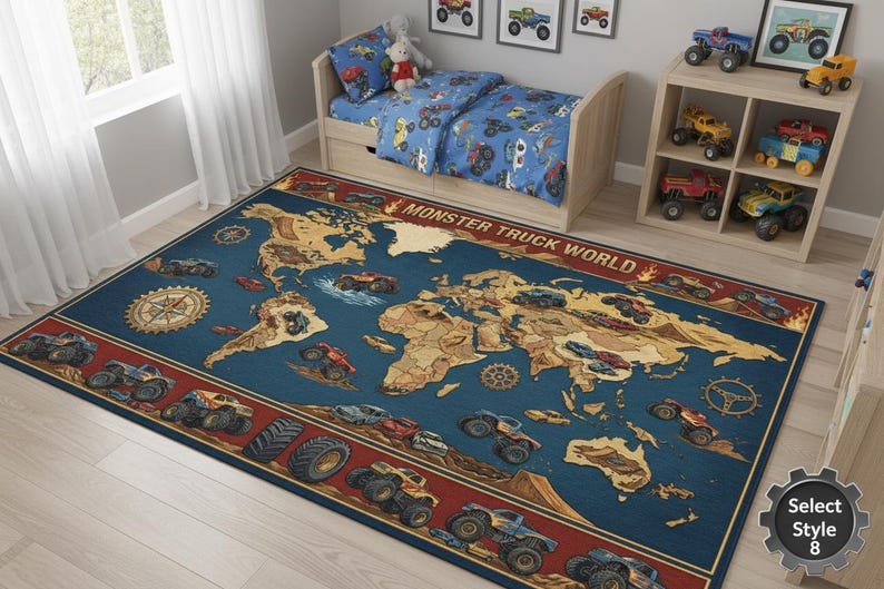 Personalized Monster Truck Kids Rug, Boys Room Decor Style 8