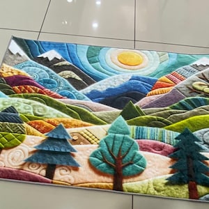 Bergketten Teppich, Naturmuster Kinder rutschfester Teppich, Baum Junge Mädchen Teppich, Wald Kinderzimmer Dekor, Berg Sonnenschein Teppich