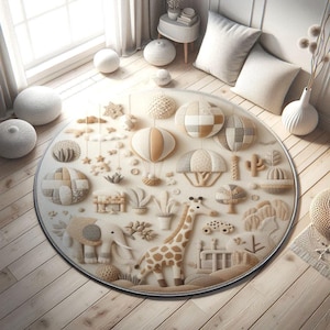Safari Teppich, Kinderzimmer Teppich, Kinderteppich, runder Teppich, Spielzimmer Teppich, Giraffenteppich, Elefant, Heissluftballon Teppich