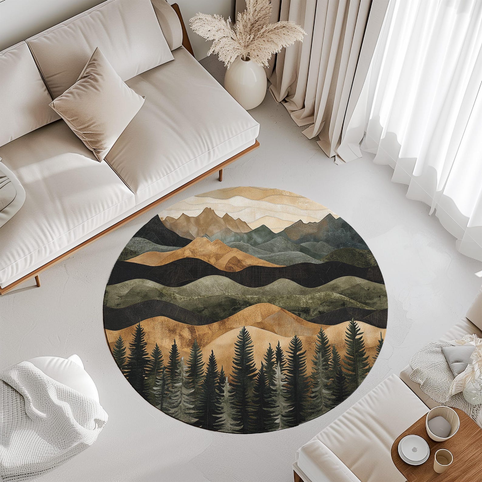 Mountain Landscape Print Rug, Abstract Forest Design, Washable ...