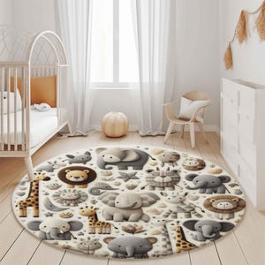 Safari-Teppich, Kinderzimmer-Teppich, runder Teppich, Babyzimmerdekor, niedlicher Tierteppich, verspielter Löwenteppich, Elefanten- und Giraffenteppich, Kinderzimmerteppich Bodenmatte