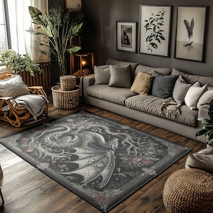Gothic Dragon Rug, Fantasy Carpet, Dark Academia Decor, Mythical Creature Rug, Black Rug, Living Room Rug, Bedroom Rug, Dragon Carpet