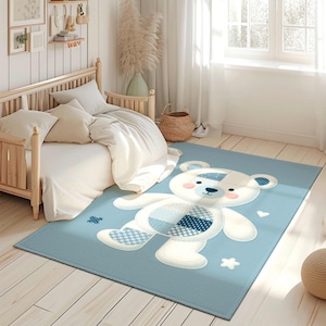Süße Bären Jungen Blau Teppich, Baby Spielzimmer Matte, Waschbar Kinder Teppich, Bär Babyzimmer Teppich, Anti-Rutsch Kinderzimmer Teppich, waschbar Kinder Türmatte