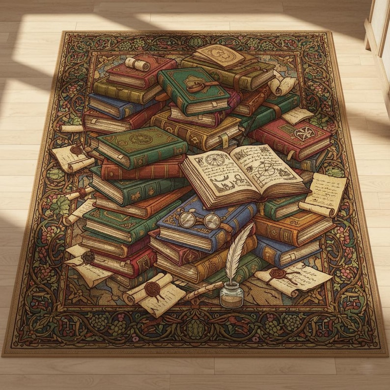 May include: A rectangular area rug featuring a detailed illustration of a pile of antique books in various colors, including green, red, and brown. The rug also depicts scrolls, glasses, and a quill and inkwell. The rug has a decorative border.