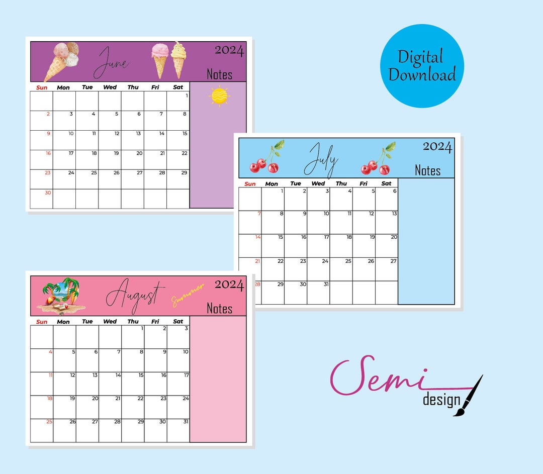 Printable Calendar 2024 Monthsjune July August - Etsy