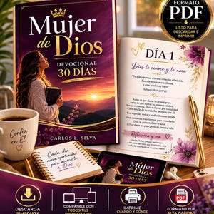 May include: A 30-day devotional book titled Mujer de Dios by Carlos L. Silva, featuring a sunset cover, an open page with floral accents, a spiral notebook with the text Cada dia nueva oportunidad para acercarte a Dios, and a coffee mug.