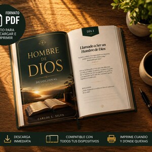 May include: An open devotional book titled Hombre de Dios with a sunset landscape on the left page and text on the right page labeled Día 1. The book includes a PDF download icon, a black pen, and a coffee mug on a wooden surface.
