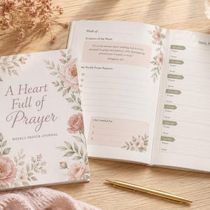 May include: A weekly prayer journal titled A Heart Full of Prayer with a floral cover design in soft pink and green tones. The journal is open to reveal lined pages for daily prayers, scripture of the week, and gratitude lists with floral accents.