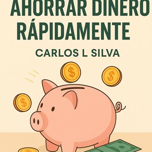 Puede incluir: Ilustración de una alcancía rosa con monedas de oro y billetes verdes. La imagen tiene el texto "25 MANERAS DE AHORRAR DINERO RAPIDAMENTE" y el nombre del autor, Carlos L Silva. El tema es el ahorro.
