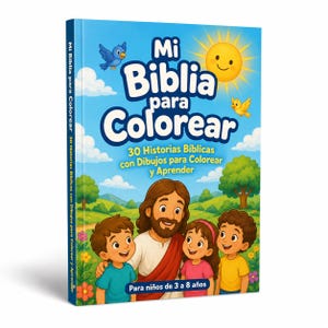 Peut inclure: Un livre de coloriage intitulé Mi Biblia para Colorear avec 30 Historias Bíblicas con Dibujos para Colorear y Aprender. La couverture présente une illustration de dessin animé d'une figure aux longs cheveux bruns et une écharpe rouge avec trois enfants.
