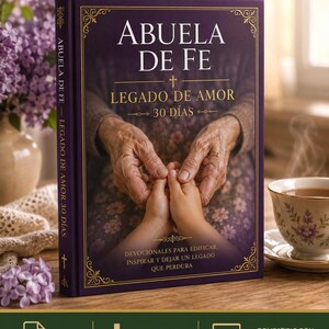 Op de afbeelding: Een paars boek getiteld Abuela de Fe Legado de Amor 30 Días met een afbeelding van oudere handen die kinderhanden vasthouden. De kaft bevat gouden decoratieve randen, een kruis en tekst over dagelijkse overdenkingen voor het bouwen van een erfenis.