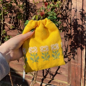 Handmade Yellow and Cream Floral Makeup Drawstring Bag | Small Cosmetics Bag | Travel Toiletries Pouch | 100% Cotton | Gifts for Her