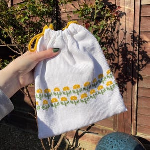 Handmade White and Yellow Floral Drawstring Bag | Medium Cosmetics Bag | Book Sleeve Travel Toiletries Pouch | 100% Cotton | Gifts for Her