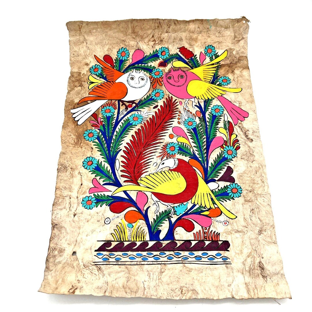 Vintage Mexican Amate Bark Paper Folk Art Painting 16x22" Birds Owls ...