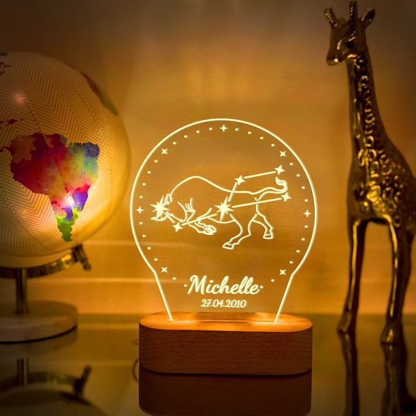 Lampada da notte con segno zodiacale Toro, regalo con nome personalizzato per anniversario, lampada LED con segno zodiacale originale, regalo di compleanno personalizzato per Toro