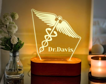 Original Caduceus Night Light, Custom Doctor Name Bedside Table Lamp, Graduation Gift for Nurse, Personalized Name Gift for Medical Student