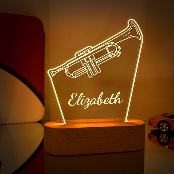 Veilleuse trompette, lampe acrylique originale pour saxophone, cadeau prénom personnalisé pour musicien, lampe LED pour violoncelle, lampe de table microphone pour chanteur