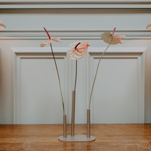 Könnte beinhalten: Drei rosa und weiße Anthurien-Blumen in einer silbernen Metallvase mit modernem Design. Die Vase steht auf einem Holztisch mit zwei rot-weiß gemusterten Lampen auf jeder Seite.