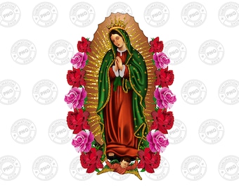 May include: A digital illustration of Our Lady of Guadalupe, a religious figure, depicted in a green and red robe with a golden halo. She is surrounded by pink and red roses.