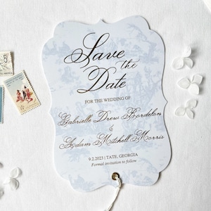 Printable Blue and Gold Toile Save the Date Template Garden Wedding Vintage Romantic