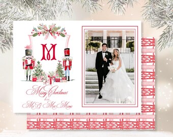 Editable Monogram Pink Nutcracker Christmas Photo Card | Watercolor Greenery (Digital Download)