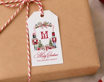 Pink Nutcracker Watercolor Monogram Crest Christmas Gift Tags