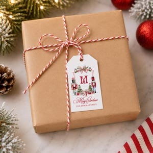 Pink Nutcracker Watercolor Monogram Crest Christmas Gift Tags