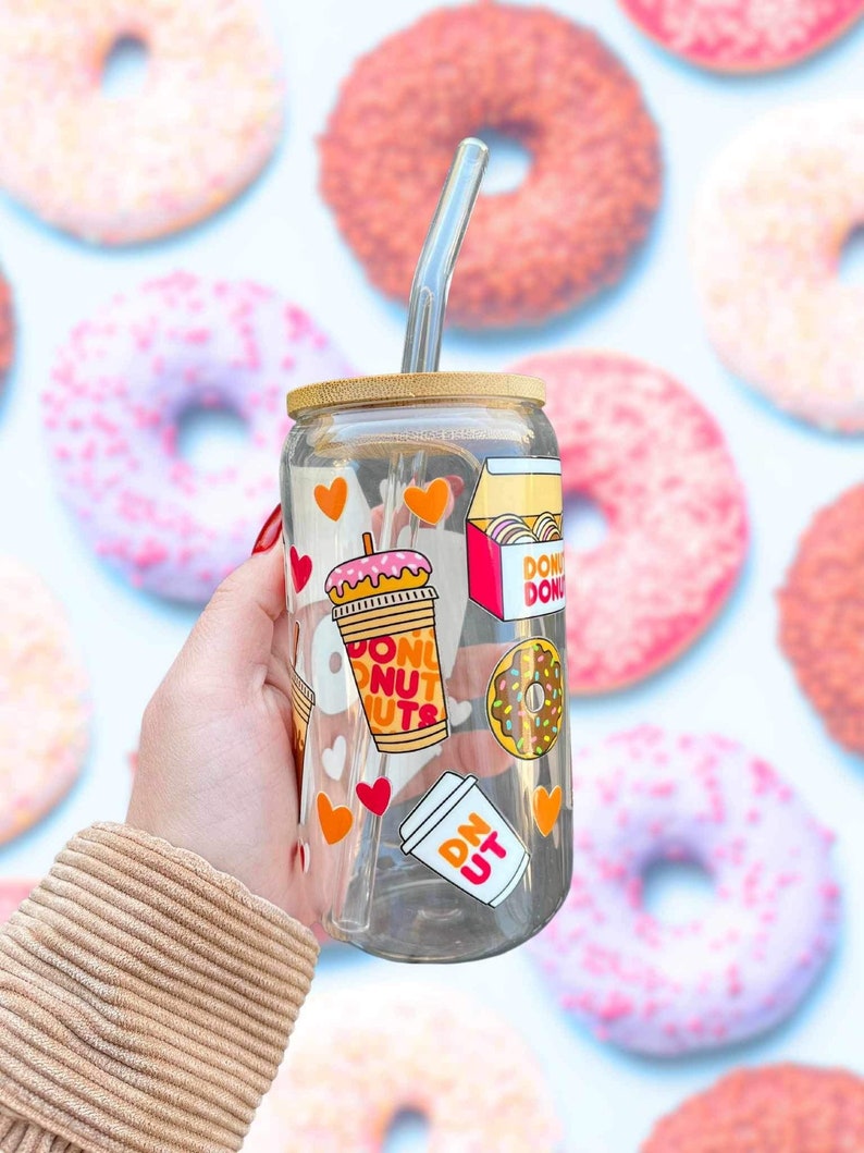 Donuts Cup, Iced Coffee, Glass Coffee Cup, 16oz Cup, Coffee Cup, Donuts, UVDTF, Iced Coffee