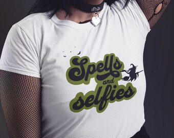 Witch T-Shirt Halloween Spells and Selfies Shirt for Modern Day Witches Funny Witchy Tee for Women Witch T Shirt