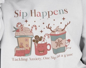 Angst Weihnachten Pullover Sip Happens Lustige Urlaub Pullover Feste Feiern Sweatshirt Niedliche X-Mas Kleidung Schwarz Humor Pullover Urlaub