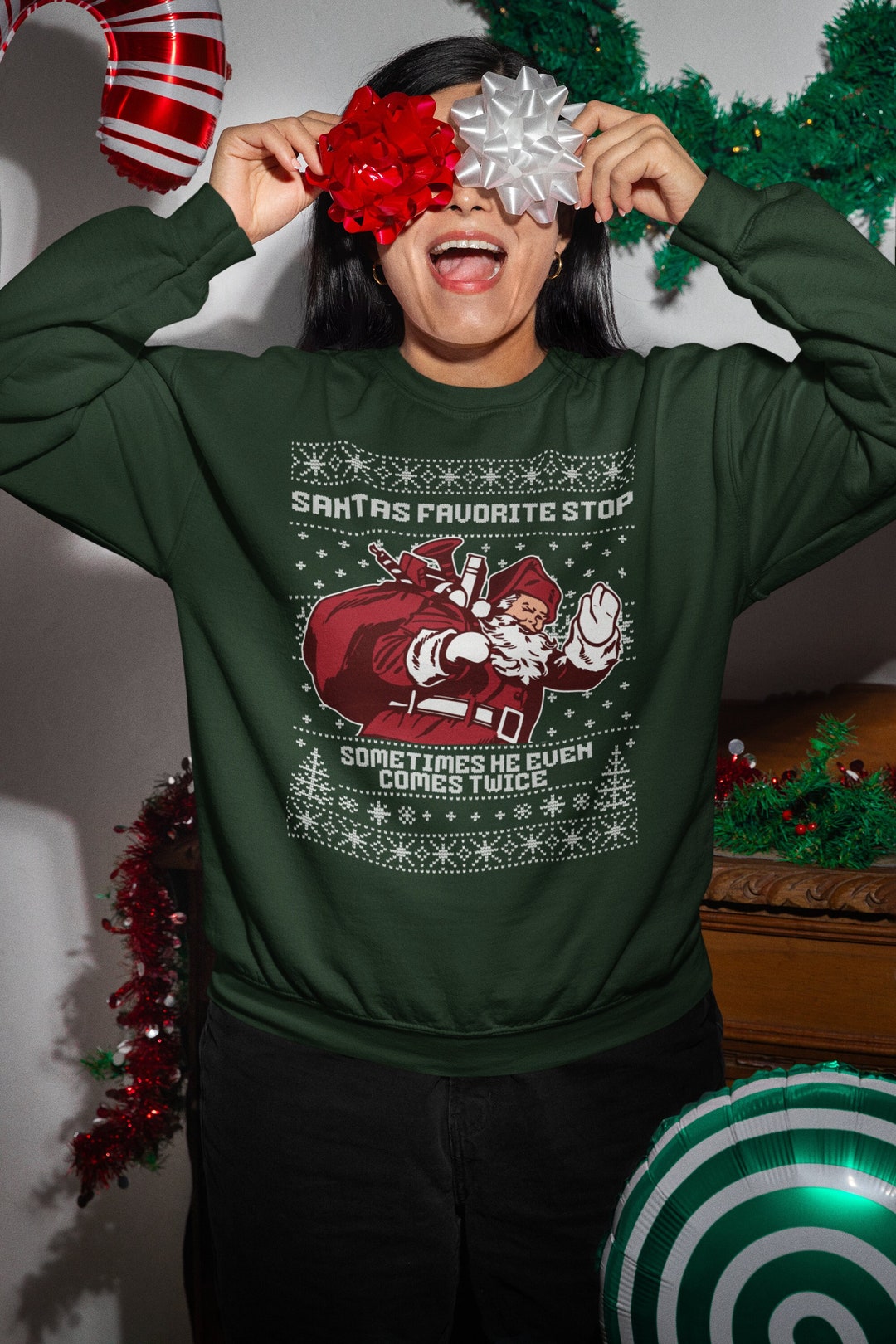Naughty Christmas Sweater Crewneck Sweatshirt Santa Came Twice Etsy