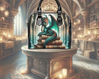 May include: Black handbag featuring a teal dragon perched on a stack of books. The dragon has orange and teal accents. The bag has a black handle and trim. The background is a library with bookshelves and candles.