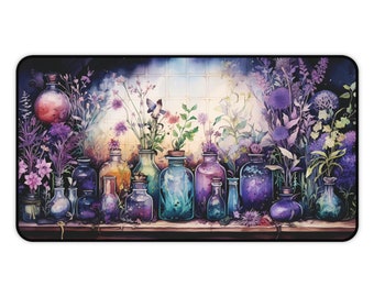 May include: A watercolor-style desk mat featuring a collection of glass bottles and vases filled with colorful flowers and plants. The color palette includes shades of purple, blue, and green, creating a whimsical and artistic design.