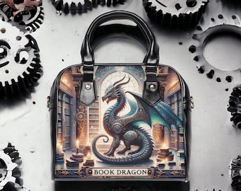 May include: Black handbag with a fantasy illustration of a blue dragon in a library setting. The bag features a top handle and a shoulder strap. The text "BOOK DRAGON" is displayed on the bottom of the bag.