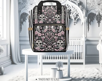 Goth Baby Diaper Bag Pink and Black Skulls Diaper Backpack Custom Goth Baby Gift Witchy Baby Accessories Pastel Goth Bag for Boho Parents