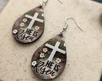 He Is Risen Cross Earrings – Easter Resurrection Christian Jewelry for Women