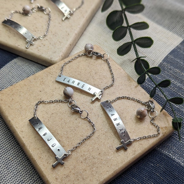 Stainless Steel Bracelet w/ Hand Stamped Yahweh, Manna, I am, Chosen, It is Well, rooted or Wwjd w/ Cross & Handmade Bead Charms w EXTENDER