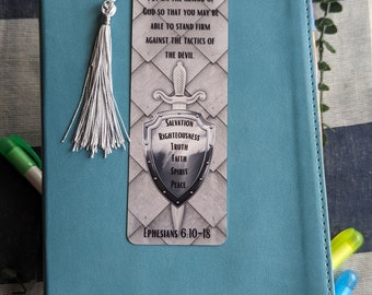 The Armor Of God Ephesians 6:10-18 Sword Sheild Metal Bookmark With Tassel