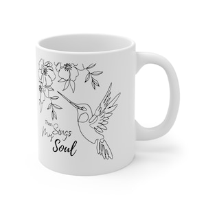 Minimalist, Mug, hummingbird and flowers, line art, Then Sings My Soul, Christian, Coffee, Tea, Ceramic, 11oz., Hymnal, inspirational