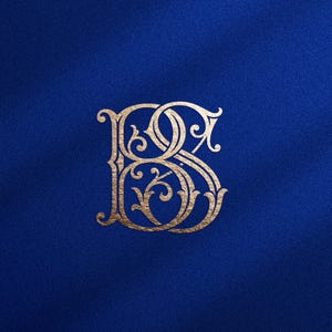 May include: A metallic gold monogram featuring the intertwined letters B and S, designed with an ornate, swirling filigree pattern. The letters are centered against a solid, deep royal blue background with a subtle, fine-grained texture.